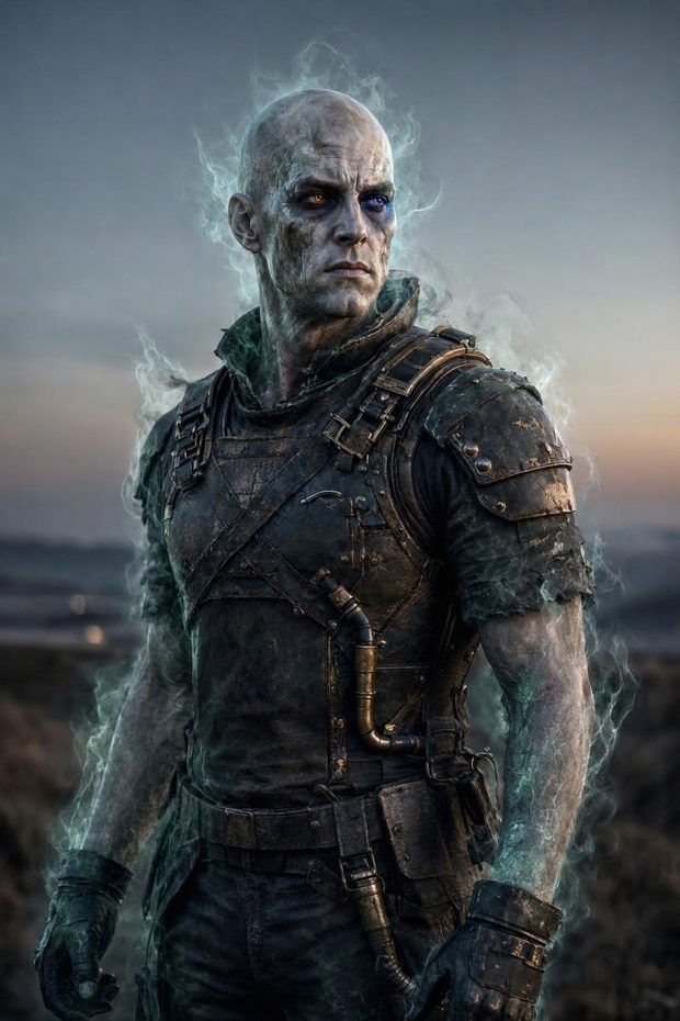 A bald, ash-grey ashen man in worn leather armor with pale smoke rising from his skin, one eye amber and one violet.