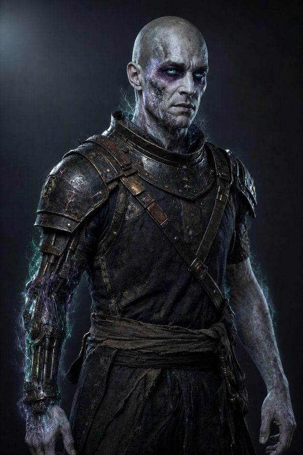 A bald ashen man in a battered pauldron and bandaged sash, with a mechanical forge-grafted left arm wreathed in violet light.