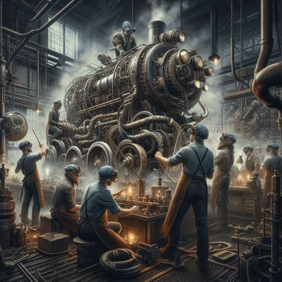 Goggled engineers in leather aprons working on an enormous brass engine in a smoky foundry.