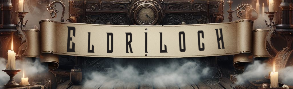 The word Eldriloch on a parchment scroll, framed by brass machinery, candles and drifting fog.