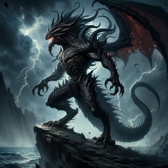 A black, many-spined winged creature with a long tail crouching on a cliff edge in a lightning storm.