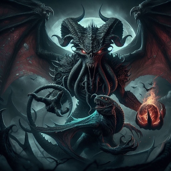 A horned, tentacle-faced winged fiend holding a burning orb, with a smaller winged beast coiled in front of it.