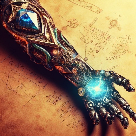 An ornate mechanical forearm with a blue crystal set in it and a glowing palm, laid over parchment schematics.