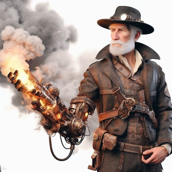 A white-bearded old man in a leather duster and brimmed hat whose right arm is a smoking multi-barreled hand cannon.