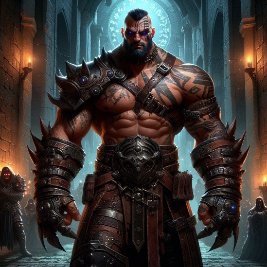 A huge tattooed brawler with spiked bracers and a mohawk in a torchlit stone hall, hooded figures behind him.