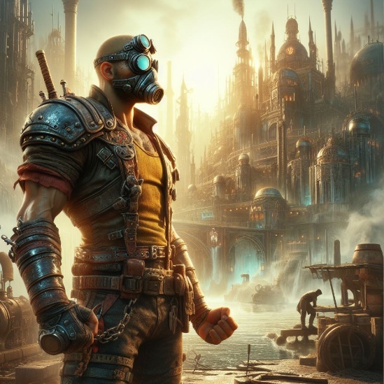 A bald brawler in a gas mask and goggles with heavy pauldrons and chains, standing before a misty industrial city.