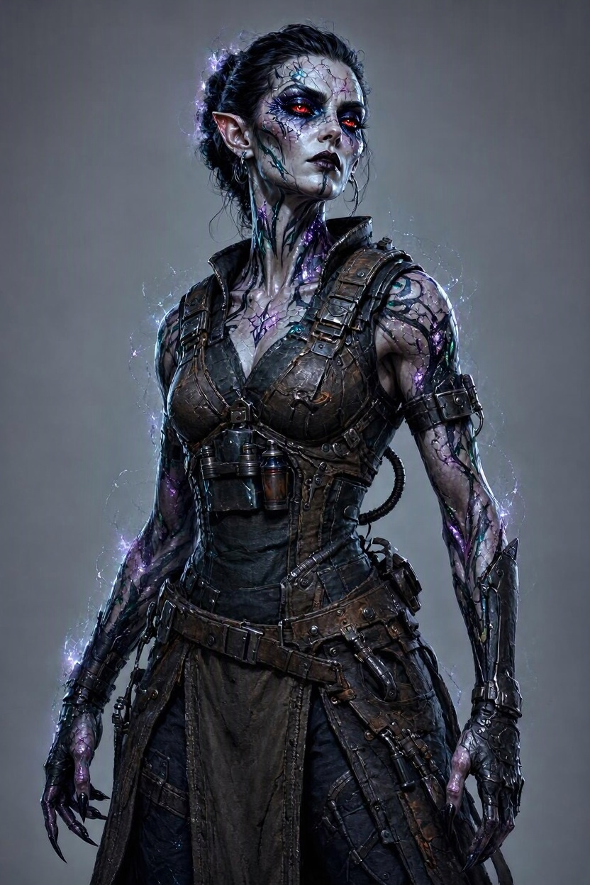 A malumtene woman with dark braided hair, red eyes and clawed hands, violet light crackling through cracks in her pale skin, wearing a battered leather harness with vials and a long coat.
