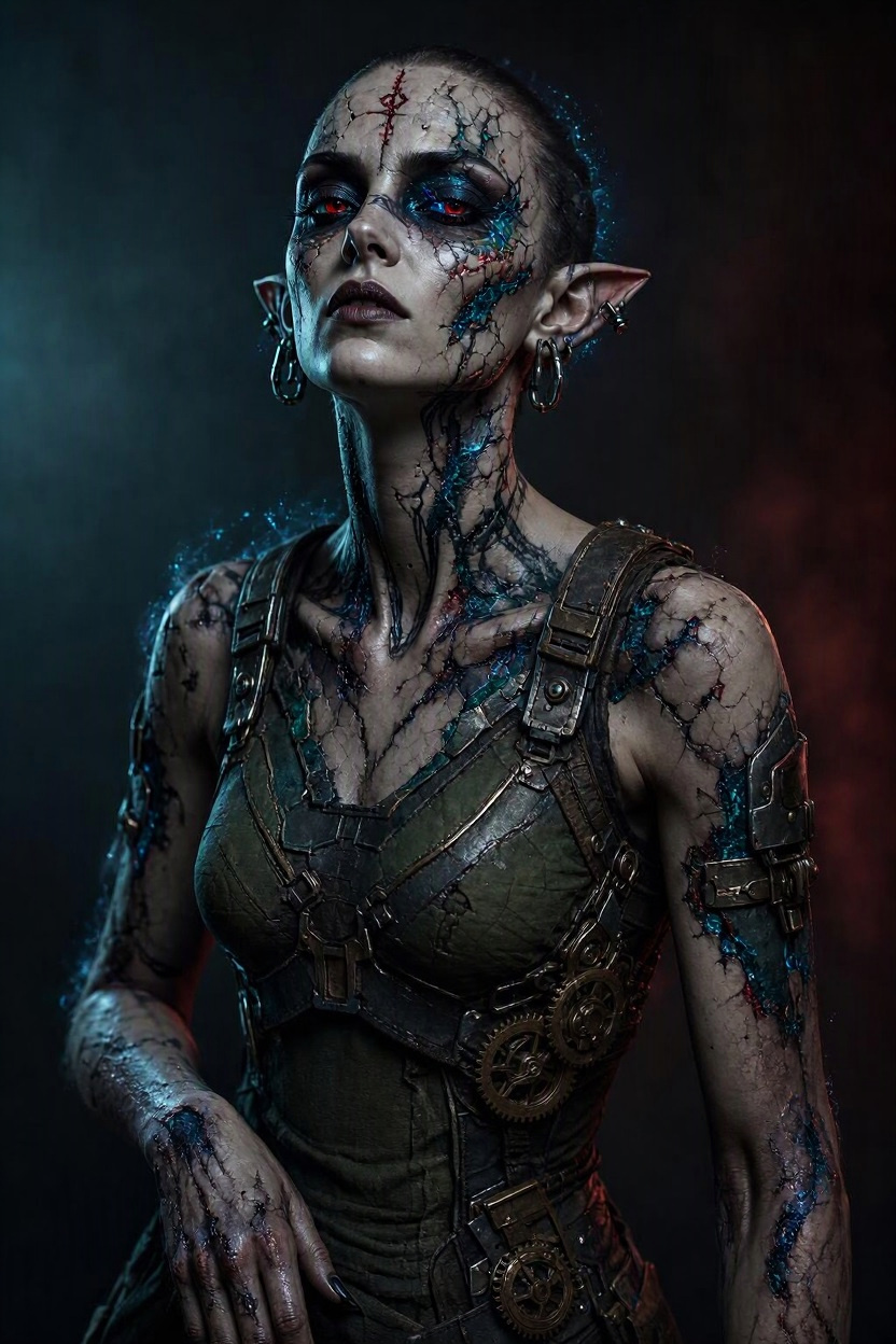 A shaven-headed malumtene woman with red eyes, a red rune on her forehead, hoop earrings and pointed ears, her grey skin cracked with veins of glowing blue and teal, wearing a leather harness with brass gears.