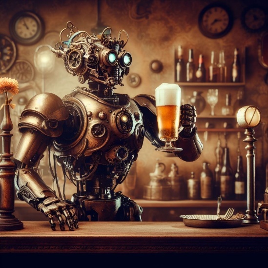 A brass mechanoid with lens eyes standing behind a bar, holding up a foaming mug of beer.