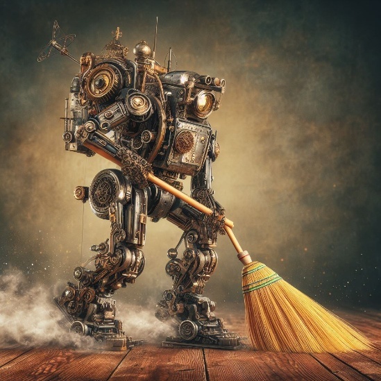 A brass, two-legged mechanoid sweeping a wooden floor with a straw broom.