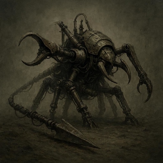 A six-legged mechanical beast with an armored shell, two large pincer arms, and a long segmented tail ending in a spearhead.