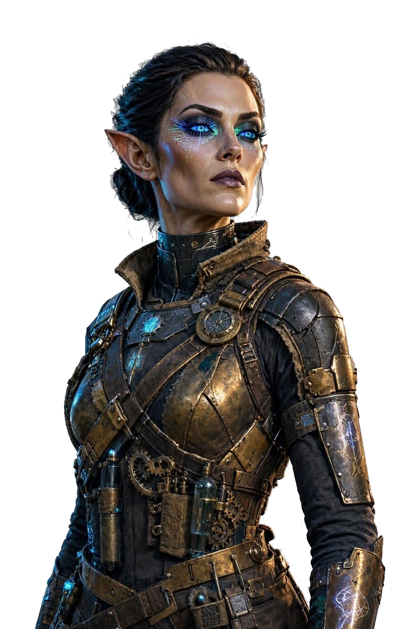 A runekar woman with pointed ears, dark braided hair and glowing blue-green aether markings around her eyes, in battered brass armor with gears, gauges and vials across the chest.