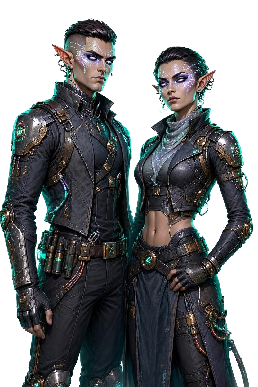 Two runekar, a man and a woman, with pointed ears and violet aether-lit markings around their pale eyes, wearing dark riveted leather with brass fittings, glowing vials and tool belts.