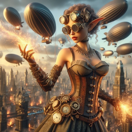 A runekar woman with pointed ears and brass goggles, aetheric sparks crackling from her fingertips above a city full of airships.