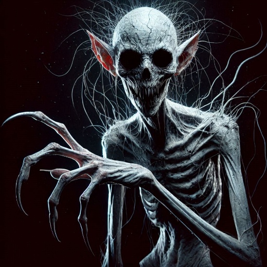 An emaciated grey creature with huge pointed ears, sunken black eyes, jagged teeth and long clawed fingers.