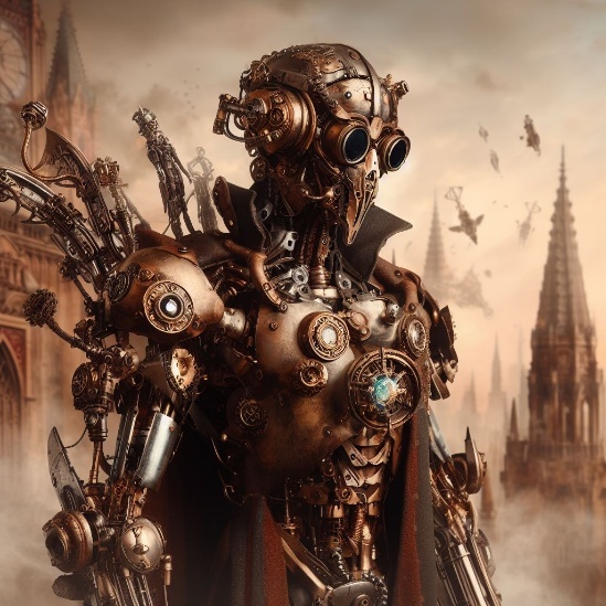 A bronze-plated humanoid machine with round goggle eyes, a beaked face and a glowing gem set in its chest, standing among gothic spires.