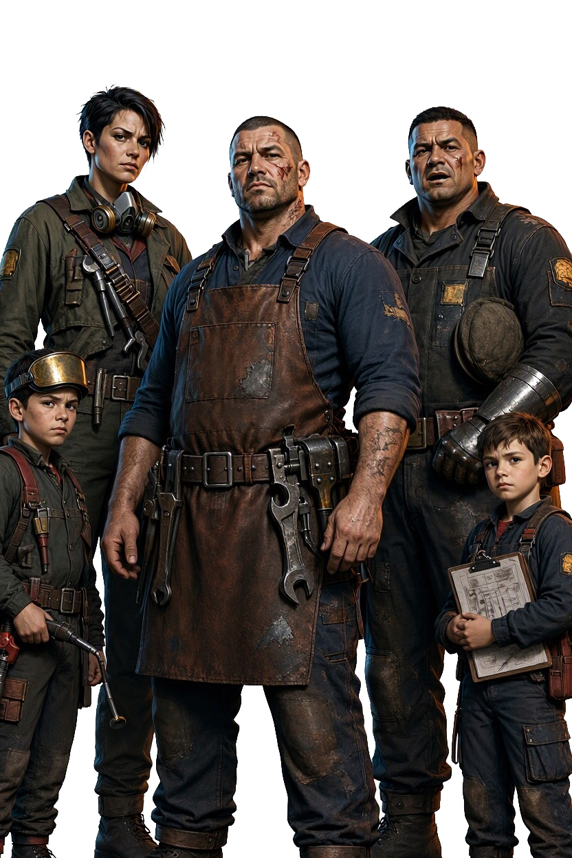 A Sullied family of workers: a scarred man in a leather apron hung with wrenches, a woman with goggles and tools, a broad man in a work jacket, and two boys carrying tools and a clipboard.