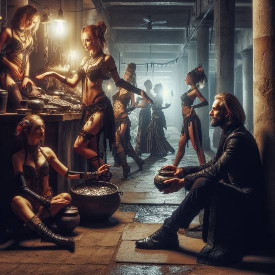 Dancers in a dim stone cellar beside a cauldron of coins, watched by a seated man in a dark coat.