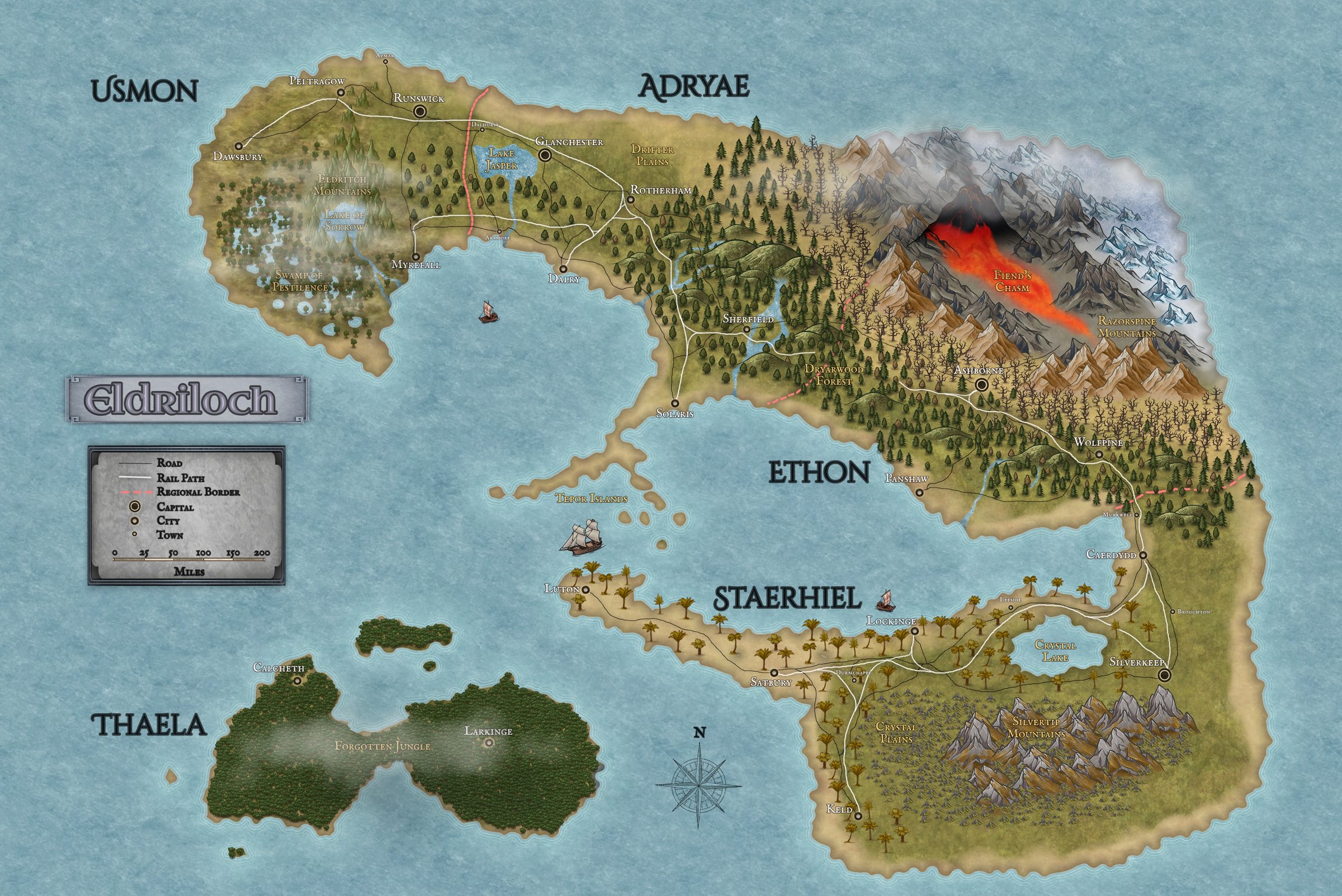 Map of the continent of Eldriloch. Usmon lies in the northwest beyond the Eldritch Mountains; Adryae runs along the north coast from Glanchester to Solaris; Ethon holds the east with Ashborne, Wolfpine and the Fiend's Chasm below the Razorspine Mountains; Staerhiel curves along the south from Luton to Silverkeep and the Silvertip Mountains; the jungle island of Thaela lies to the southwest; the Tepor Islands sit in the gulf between. Roads and the runekar rail path link the cities, except where the rail is broken in the Dryarwood Forest between Sherfield and Ashborne.